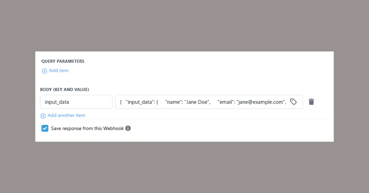 Go High Level webhook request body configuration showing input_data JSON with lead fields