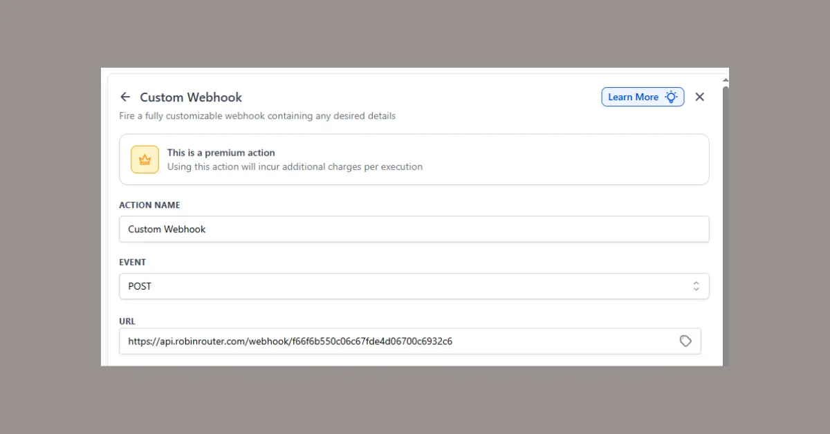 Go High Level workflow webhook URL field with Robin Router webhook URL pasted