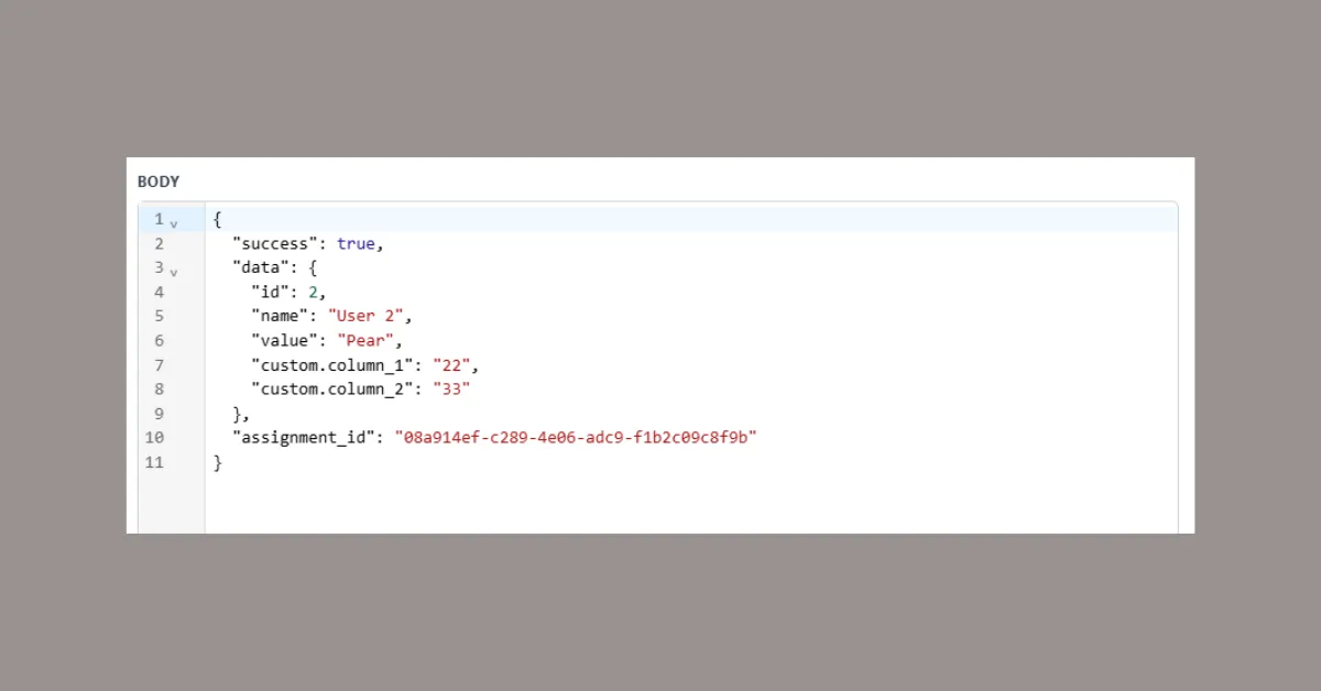 Go High Level webhook test response showing successful Robin Router response with success true, assignment_id, and data object containing id, name, value, and custom columns