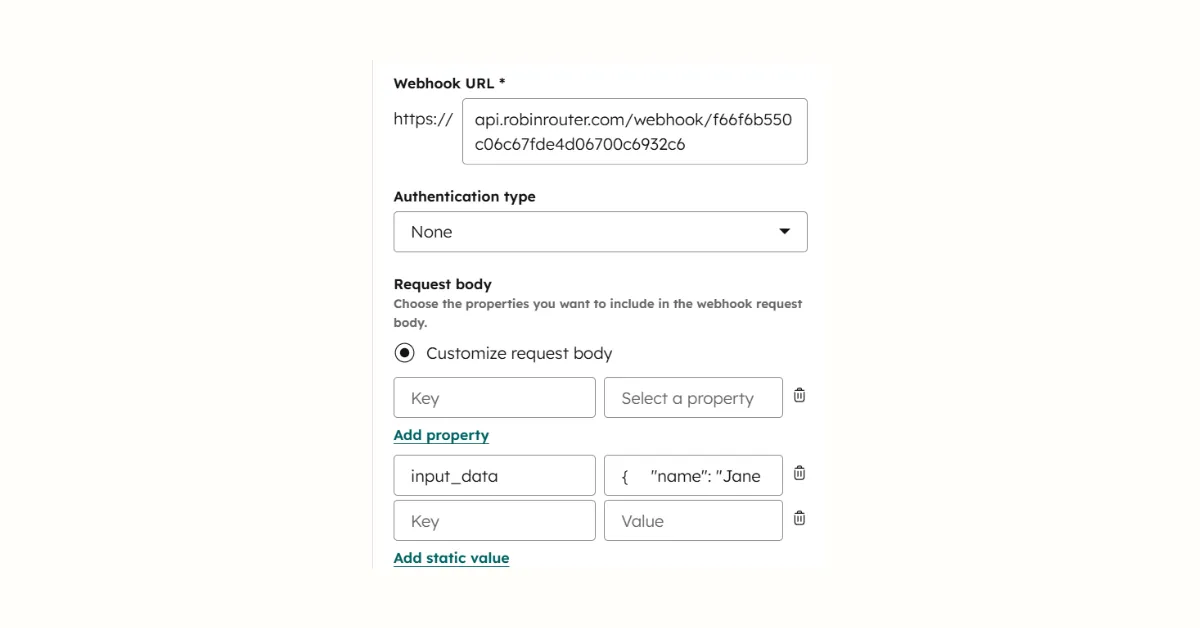 HubSpot webhook request body configuration showing Webhook URL with Robin Router endpoint, Authentication set to None, and Customize request body with input_data key containing lead JSON