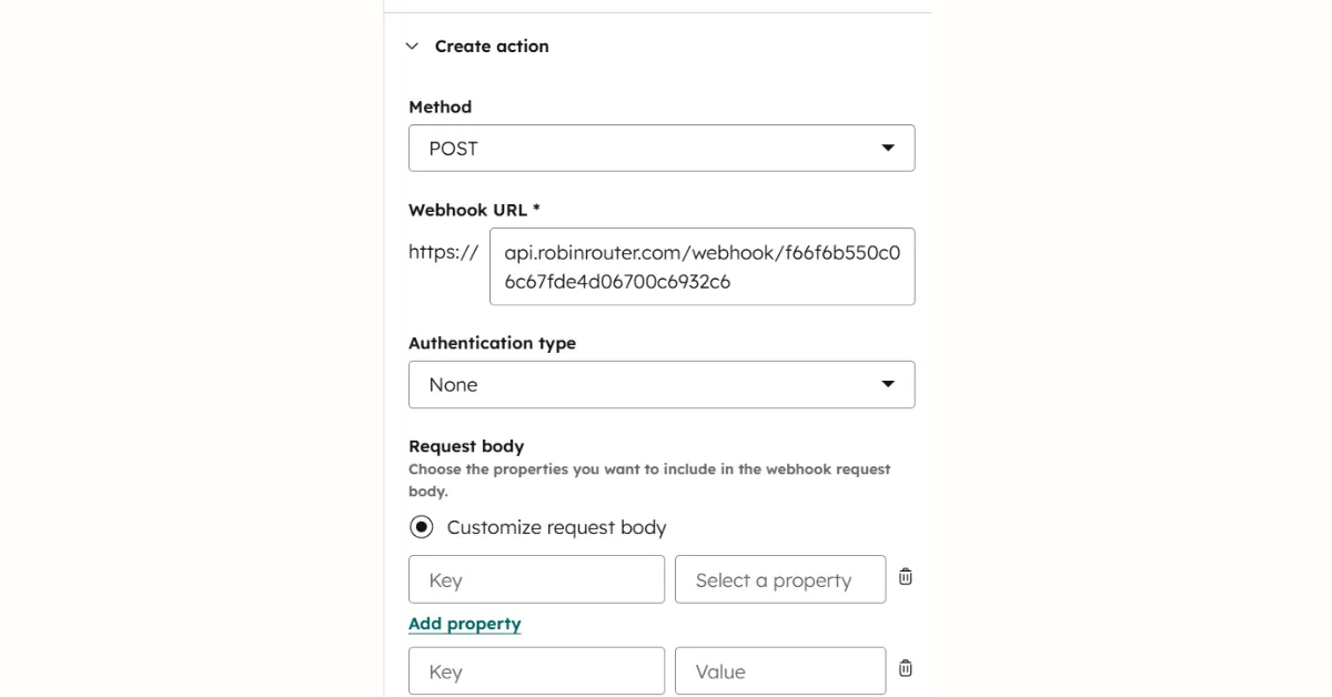 HubSpot workflow webhook configuration with Method set to POST, Robin Router webhook URL pasted, Authentication type set to None, and customizable request body fields
