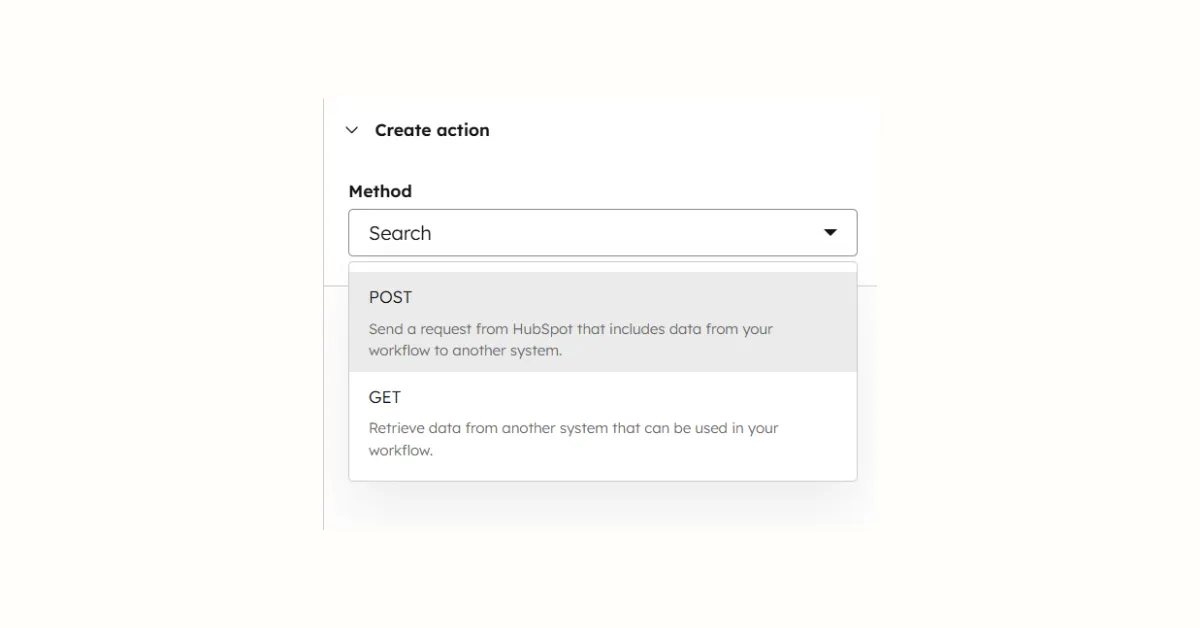 HubSpot workflow webhook Create action with Method dropdown showing POST and GET options, POST selected