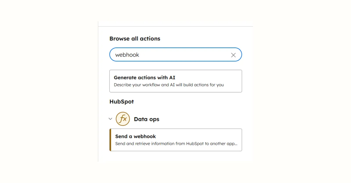 HubSpot workflow actions panel showing Data ops section with Send a webhook action for round-robin lead assignment