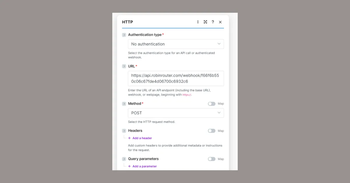 Make HTTP module configuration with Robin Router webhook URL pasted, Method set to POST, and Authentication set to None