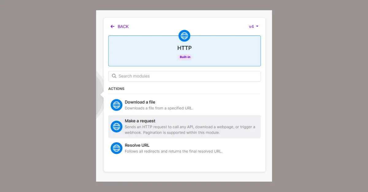 Make HTTP module selection showing Make a request action for sending HTTP requests to APIs and webhooks