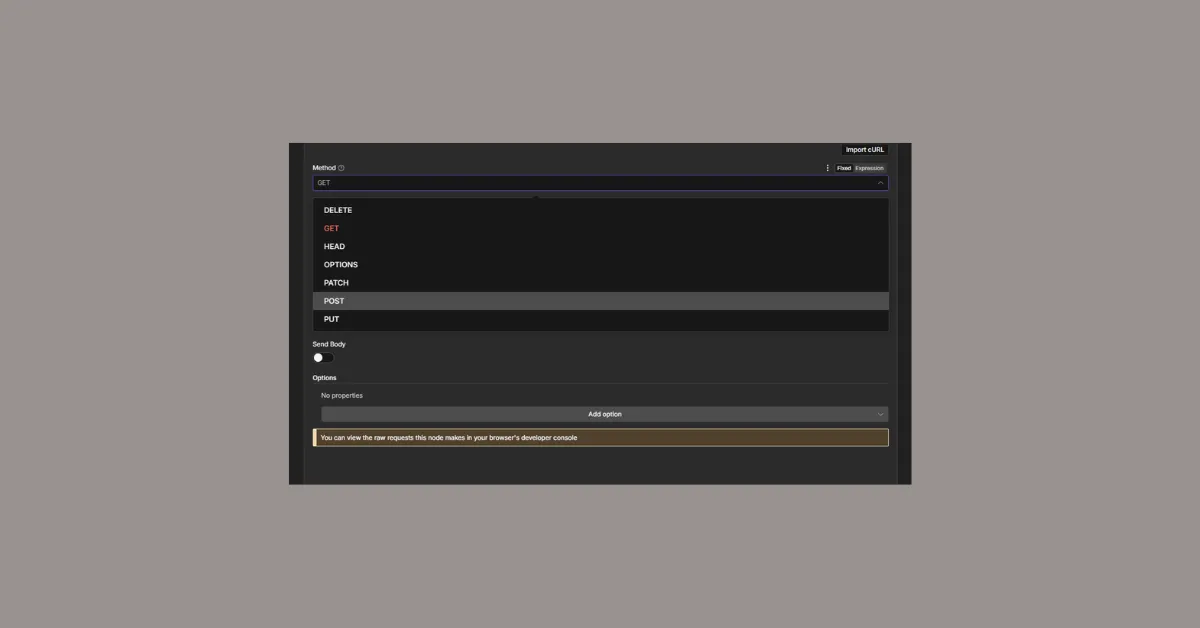 N8N HTTP Request node Method dropdown with POST option highlighted among DELETE, GET, HEAD, OPTIONS, PATCH, and PUT