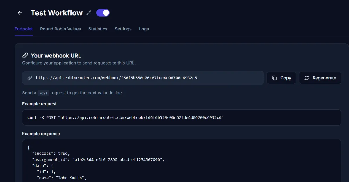 Robin Router Endpoint tab showing webhook URL with Copy and Regenerate buttons, example curl request, and example JSON response
