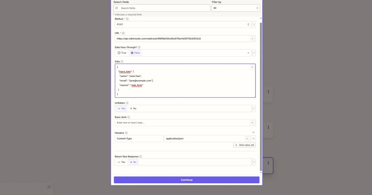 Zapier Custom Request body configuration with Data Pass-Through disabled and JSON body containing input_data with name, email, and source fields