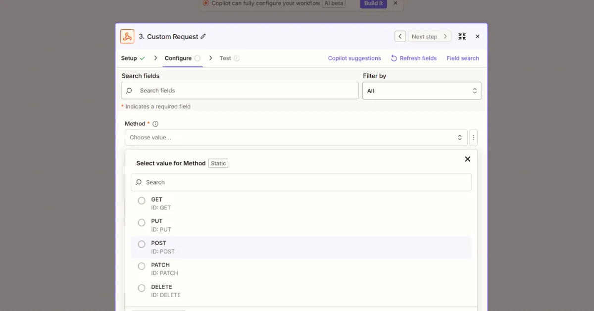 Zapier Custom Request configuration with Method dropdown set to POST for Robin Router webhook