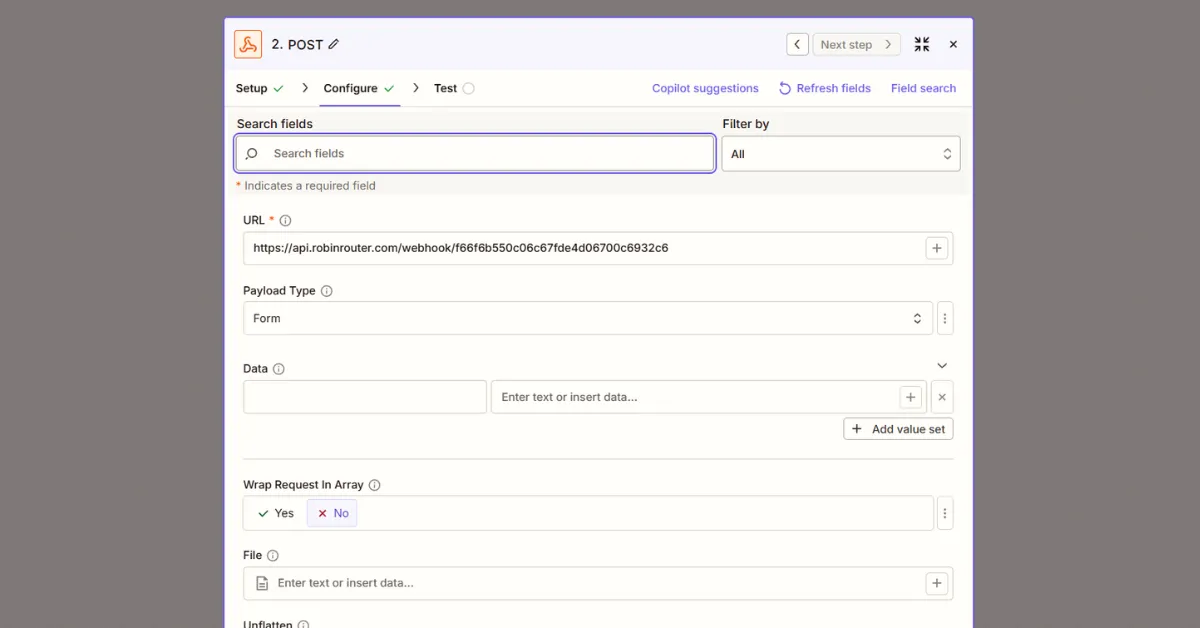 Zapier POST action configuration with Robin Router webhook URL pasted in the URL field and Payload Type set to Form