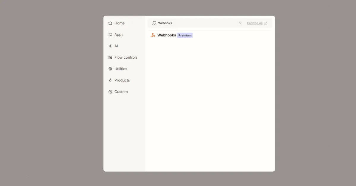 Zapier action search results showing Webhooks by Zapier Premium app for sending HTTP requests