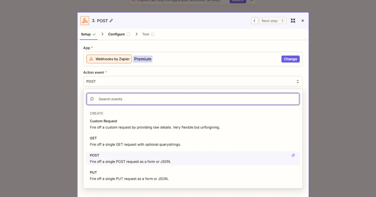 Zapier action event dropdown expanded showing Custom Request, GET, POST, and PUT options with POST highlighted