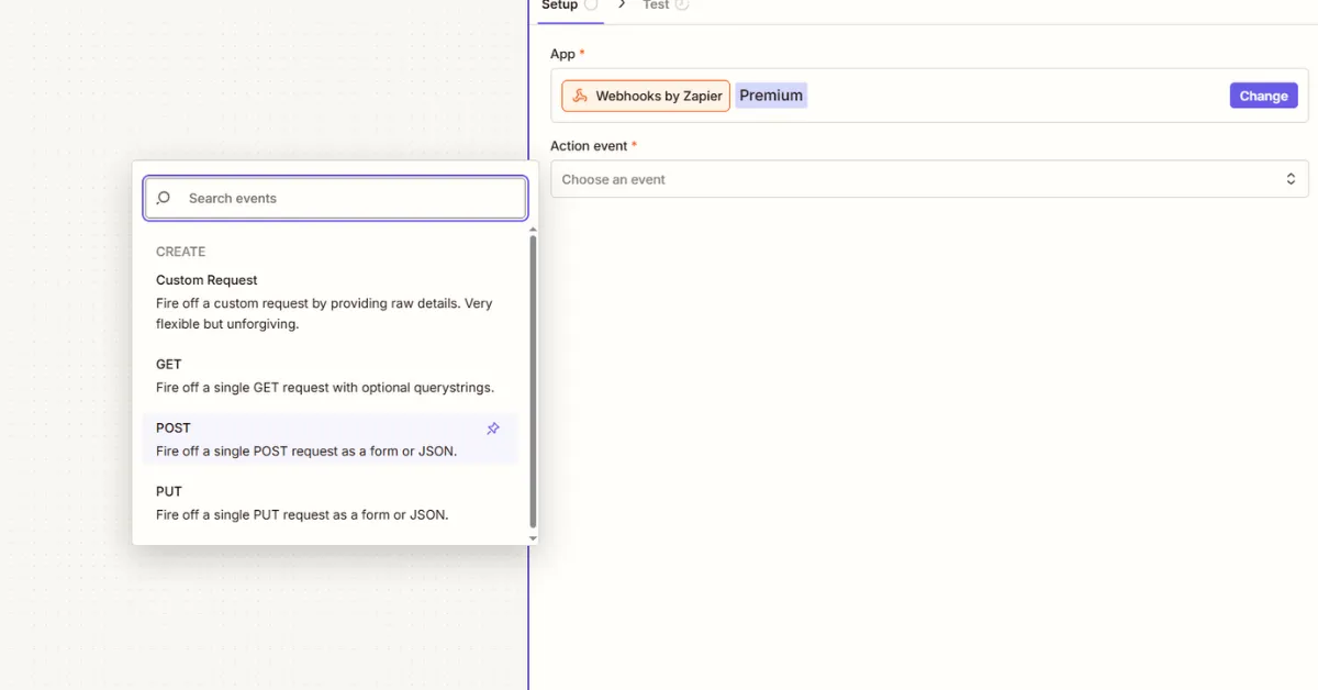 Zapier Webhooks by Zapier action event dropdown with POST option selected