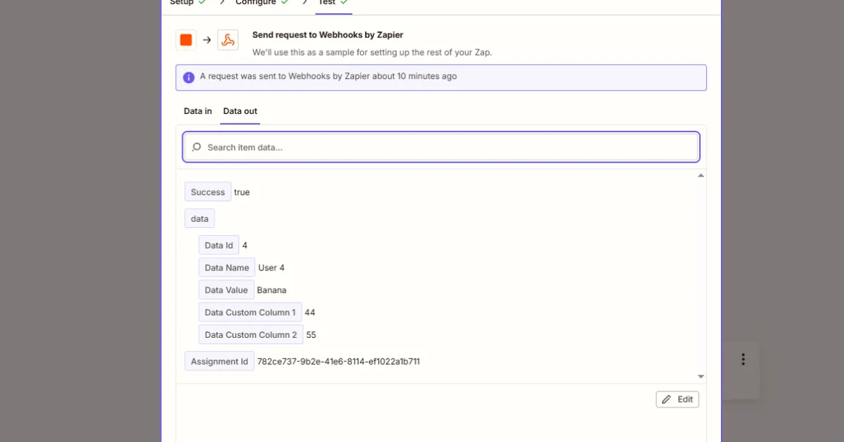 Zapier Data out tab showing parsed Robin Router webhook response with Success true, Data Id 4, Data Name User 4, Data Value, Data Custom Column 1 and 2, and Assignment Id