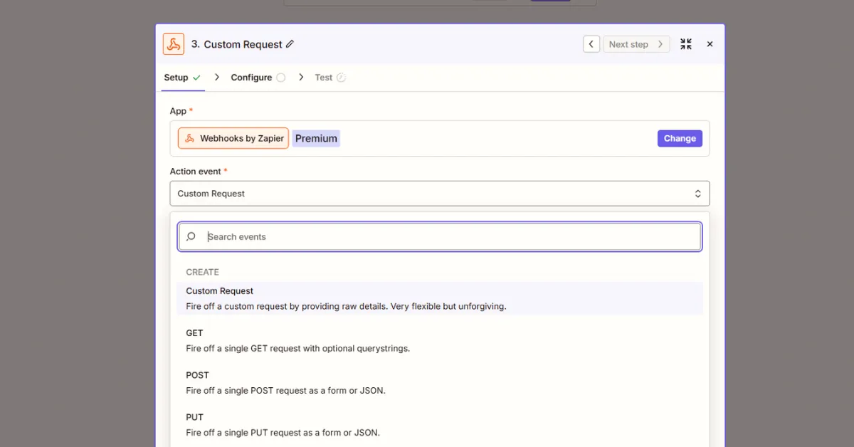 Zapier Webhooks by Zapier action event selection with Custom Request option highlighted for sending lead data